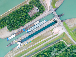 Image showing flight over ship sluice at river Rhine