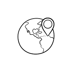 Image showing Globe with pointer mark hand drawn outline doodle icon.