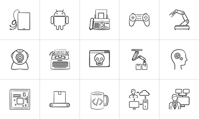 Image showing Technology and machines hand drawn outline doodle icon set.