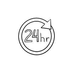 Image showing 24 hours available hand drawn outline doodle icon.