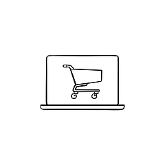 Image showing Laptop with shopping cart on screen hand drawn outline doodle icon.