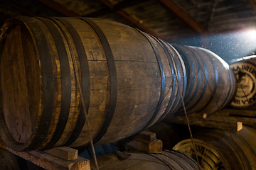 Image showing Wooden barrels at beer factory