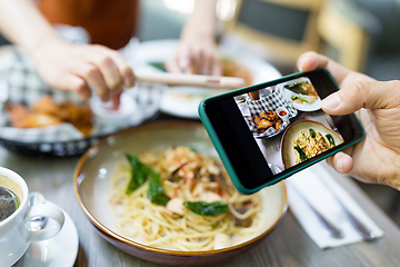 Image showing Top view of people using mobile phone to take photo