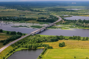 Image showing Aerial view of river Lielupe bridge in Latvia.