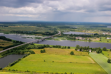 Image showing Aerial view of river Lielupe bridge in Latvia.