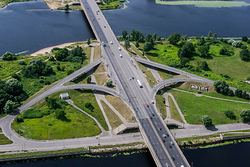 Image showing Road with moving cars. Riga from above.