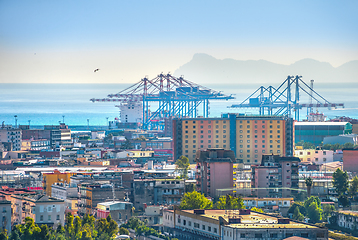 Image showing Aerial cityscape with harbor district