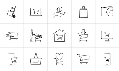 Image showing Online shopping and e-commerce hand drawn outline doodle icon set.