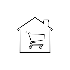 Image showing House shopping cart hand drawn outline doodle icon.