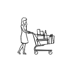 Image showing Woman with shopping cart hand drawn outline doodle icon.