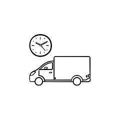 Image showing Delivery truck with clock hand drawn outline doodle icon.