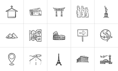 Image showing Travel landmarks hand drawn outline doodle icon set.