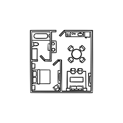 Image showing Floor plan with furniture hand drawn outline doodle icon.