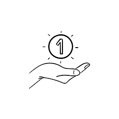 Image showing Hand and one coin hand drawn outline doodle icon.