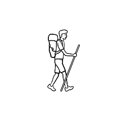 Image showing Hiker with backpack walking hand drawn outline doodle icon.