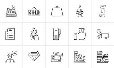 Image showing Shopping and paying hand drawn outline doodle icon set.