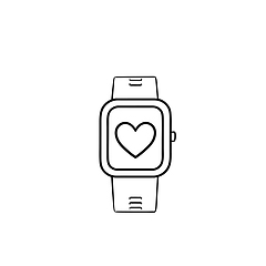 Image showing Smartwatch with heart hand drawn outline doodle icon.