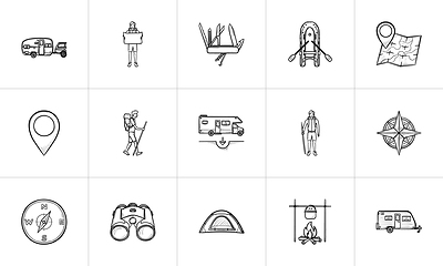 Image showing Hiking and camping hand drawn outline doodle icon set.