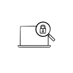 Image showing Laptop with magnifying glass and padlock hand drawn outline doodle icon.