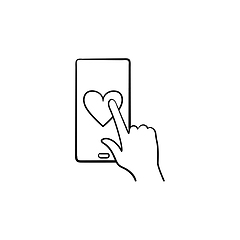 Image showing Hand clicking heart on smartphone screen hand drawn outline doodle icon.