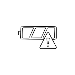 Image showing Empty battery with exclamation mark hand drawn outline doodle icon.