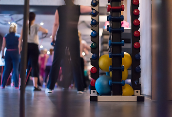 Image showing sporty women exercising with a rubber bands