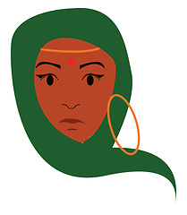 Image showing A young Indian lady has covered her head with green saree and ha