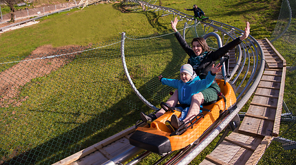 Image showing young mother and son driving alpine coaster