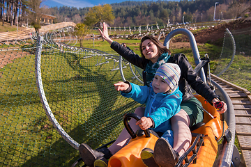 Image showing young mother and son driving alpine coaster