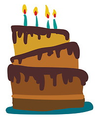 Image showing A three-layered dark chocolate cake with glowing candles vector 