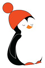 Image showing A cute baby penguin wearing a red warm pompom hat vector color d