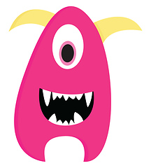 Image showing Cute smiling pink one-eyed monster with yellow horns vector illu