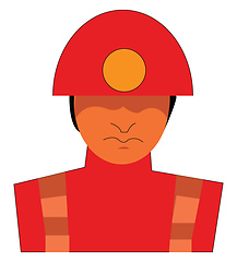 Image showing A person dressed in red hard hat and professional miner\'s costum