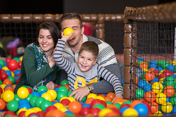 Image showing parents and kids playing in the pool with colorful balls