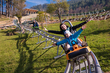 Image showing young mother and son driving alpine coaster