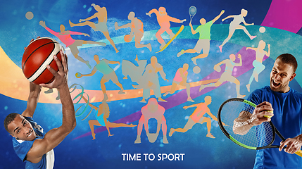 Image showing Creative collage of drawned silhouettes of sportsmen