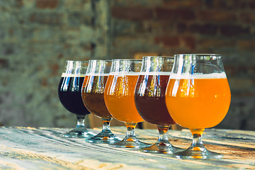 Image showing Glasses of different kinds of beer on wooden background