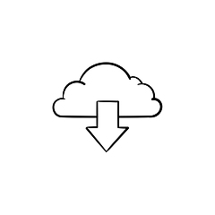 Image showing Cloud with arrow down hand drawn outline doodle icon.