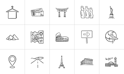 Image showing Travel landmarks hand drawn outline doodle icon set.