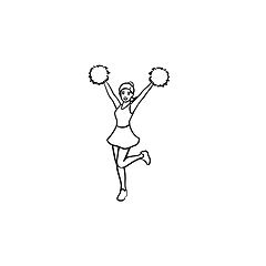 Image showing Cheerleader girl with pompoms hand drawn outline doodle icon.