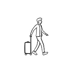 Image showing Business traveler walking with suitcase hand drawn outline doodle icon.