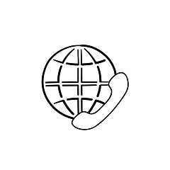 Image showing Globe and phone receiver hand drawn outline doodle icon.