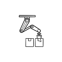 Image showing Robotic arm picking cardboard box hand drawn outline doodle icon.