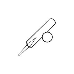 Image showing Cricket ball and bat hand drawn outline doodle icon.