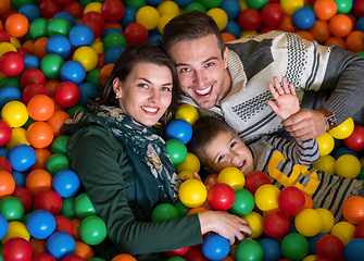 Image showing parents and kids playing in the pool with colorful balls