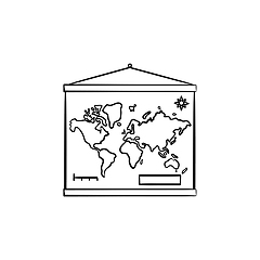 Image showing World map hanging on the wall hand drawn outline doodle icon.