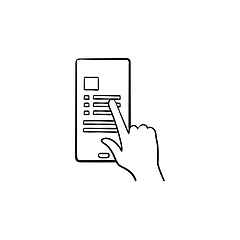 Image showing Hand sliding smartphone with list hand drawn outline doodle icon.