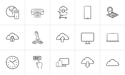 Image showing Cloud technology and mobile devices hand drawn outline doodle icon set.