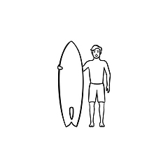 Image showing Surfer standing with surfboard hand drawn outline doodle icon.