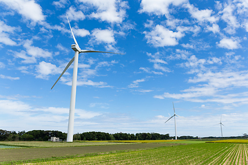 Image showing Wind turbine and field with blue sky